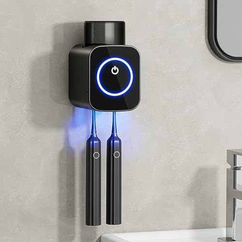 Wall Mounted Toothbrush Holder, 1 Cup Toothbrush Holders with Smart Drying and Cleaning, Toothbrush Cleaning Case with Solar Charging, Toothbrush Organizer with 2 Brush Slots (Black - 1 Cup) - color: Black - 1 Cup