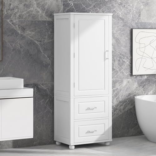 Tall Bathroom Storage Cabinet, Wood Bathroom Kitchen Pantry Cabinet with 2 Drawers and 2 Adjustable Shelves, Freestanding (White) - color: White, size: 23“x15”x61“