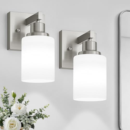 Bathroom Wall Sconces Set of 2,Brushed Nickel Wall Sconce,Vanity Light with White Glass Shade Wall Mounted Light Fixture,Farmhouse Wall Lamp for Bedroom Living Room Mirror Hallway - color: Nickel, size: 1-Light(2 Pack)