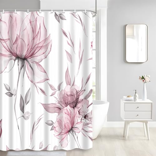 Pink Grey Watercolor Floral Shower Curtain, Flower Leaves Minimalist Aesthetic Art Shower Curtains for Bathroom Sets Decor, Waterproof Polyester Cloth Fabric with 12 Hooks,47x64 Inch - color: Pink, size: 47"W x 64"L (Pack of 1)