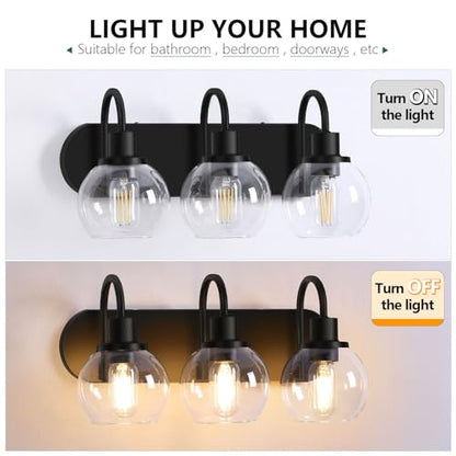 Dpyrrhic Bathroom Vanity Light,Modern 3-Light Bathroom Lighting Fixtures Over Mirror with Clear Glass Shade and Metal Base,Matte Black Bathroom Lighting - color: Black, size: 3-Light