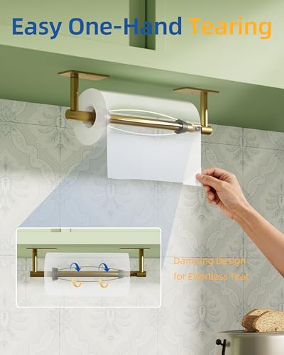 RUACQ Paper Towel Holder Under Cabinet, One Hand Tearing Paper Towel Holder with Damping Effect, Wall Mount & Adhesive Stainless Steel Paper Roll Holder for Kitchen Bathroom (Brushed Gold) - color: Brushed Gold, size: One Hand Tear - Rectangle