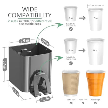 Cup Dispenser for Water Cooler Wall Mount 2 Seats, Dark Gray | Holder for 2-16 OZ Paper & Plastic Disposable Cups, Adhesive Cup Holder for Water Cooler, Coffee Station, Office, Bathroom - color: Dark gray