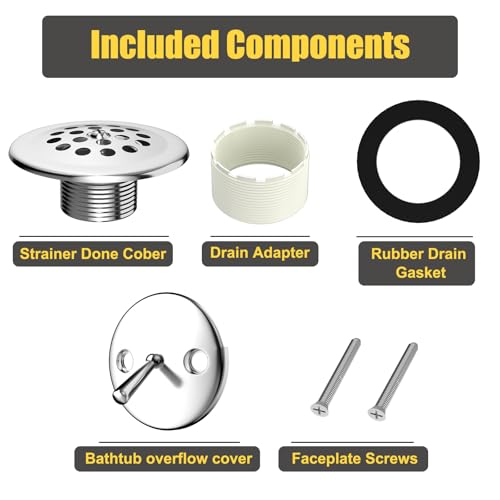 Trip Lever Tub Drain Kit, Chrome | Bathtub Drains Stopper Replacement Kits, Trip Lever Overflow Faceplate, Tub Drains Strainer, Thread Adapter & Gasket - color: Chrome Kits