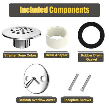 Trip Lever Tub Drain Kit, Chrome | Bathtub Drains Stopper Replacement Kits, Trip Lever Overflow Faceplate, Tub Drains Strainer, Thread Adapter & Gasket - color: Chrome Kits