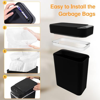 2 Pack Touchless Bathroom Trash Can for Kitchen Hanging Trash Can 2.6 Gallon Automatic Motion Sensor Rubbish Can Narrow Small Garbage Bin for Kitchen, Toilet, Bedroom, RV(Black,Battery) - color: Black Battery