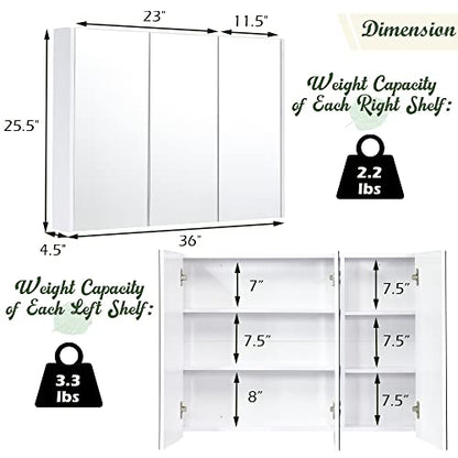 GLACER Large Mirrored Medicine Cabinet, Bathroom Wall Mounted Storage Cabinet with Triple Mirrored Doors, Ideal for Bathroom, Living Room, 36 x 4.5 x 25.5 inches (White)