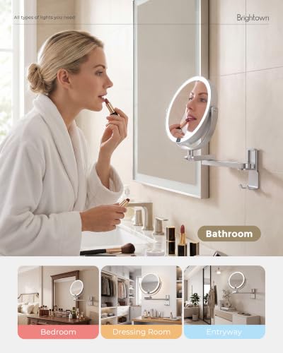Brightown 8" Wall Mounted Lighted Makeup Mirror with LED Magnifying 1X/10X | 4000mAh Rechargeable Double Sided Dimmable Vanity Mirror, Extended Arm 360 Rotation, 3 Color Lights & Digital Display, Silver - color: Sliver