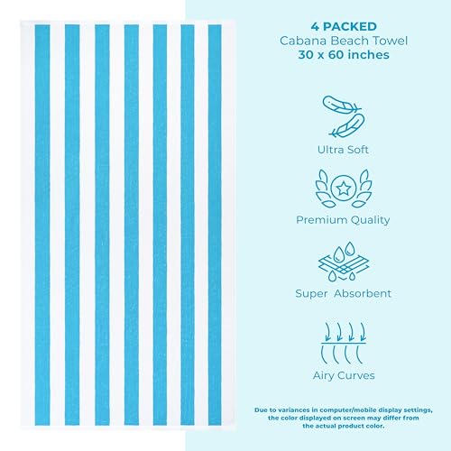 American Soft Linen Cabana Striped Beach Towels, 30x60 inch 4 Piece Oversize Pool Towels, Quick Drying Sand Free Swim Towels, Turquoise Blue - color: Turquoise Blue