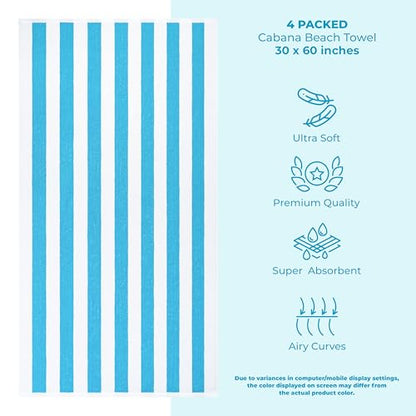 American Soft Linen Cabana Striped Beach Towels, 30x60 inch 4 Piece Oversize Pool Towels, Quick Drying Sand Free Swim Towels, Turquoise Blue - color: Turquoise Blue