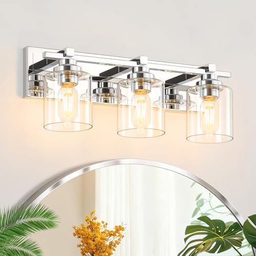 Modern Bathroom Light Fixtures Over Mirror, Vanity Lights for Bathroom Wall Sconces with Clear Glass Shades, E26 Socket (Bulbs Not Included), 3 Light, Chrome - color: Chrome - Clear Glass Shades, size: 3-Lights