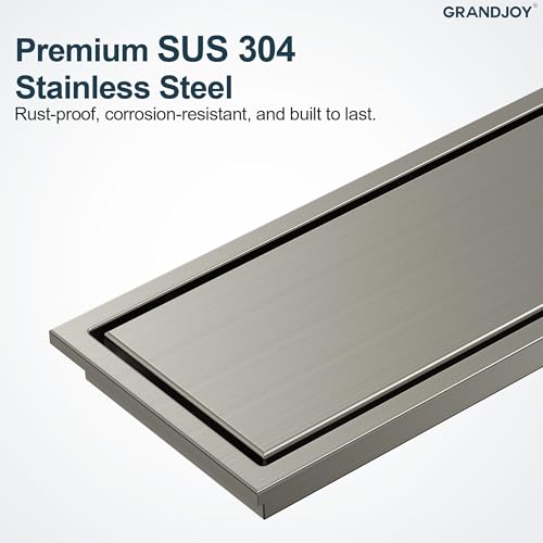 12-Inch Linear Shower Drain, Brushed Nickel SUS304 Stainless Steel with 2-in-1 Tile Insert Cover & Flat Grate, High Flow Floor Drainer with Hair Strainer, Adjustable Feet - color: Brushed Nickel, size: 12