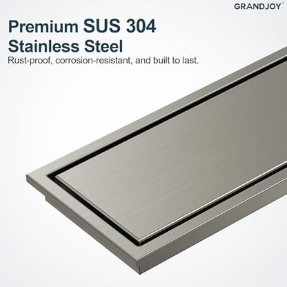 12-Inch Linear Shower Drain, Brushed Nickel SUS304 Stainless Steel with 2-in-1 Tile Insert Cover & Flat Grate, High Flow Floor Drainer with Hair Strainer, Adjustable Feet - color: Brushed Nickel, size: 12