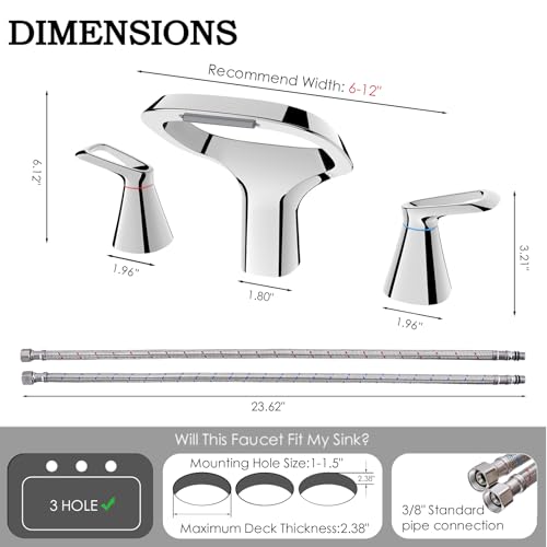 Bathroom Faucets for Sink 3 Hole, Bezeit 8 Inch Widespread Bathroom Faucet with Waterfall Spout, Solid Brass Chrome Faucet with 2 Handles and Water Supply Hoses - color: Chrome, style: Modern