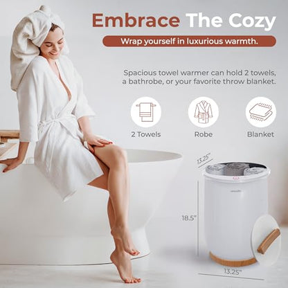 SereneLife Bucket Towel Warmers, White Large Towel Warmer for Spa and Bathroom, Luxury Towel Heater Gifts for Him & Her, Auto Shut-Off, Fits 2 large, Blankets, Bathrobes, PJ's - color: White Natural Wood