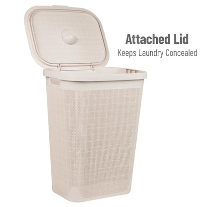 Mind Reader 60L Slim Laundry Hamper, Clothes Basket, Lid, Linen Design, Plastic, Ivory - color: Ivory