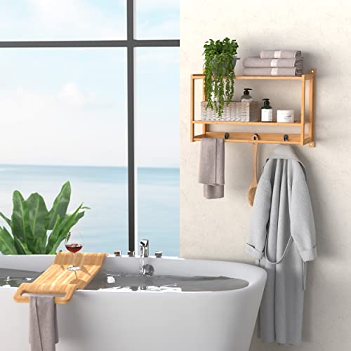 ClosetMaid Bamboo Wall Shelf with Towel Bar, 3 Hooks, Wall Mount Storage Shelves, 2 Tier, Organizer Rack, Natural Finish - style: 2-Tier