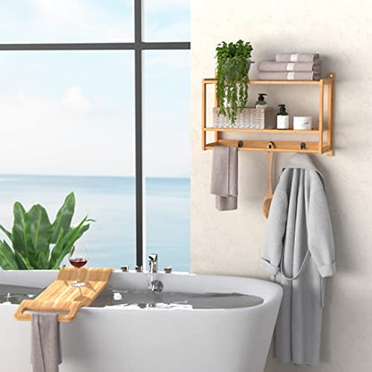 ClosetMaid Bamboo Wall Shelf with Towel Bar, 3 Hooks, Wall Mount Storage Shelves, 2 Tier, Organizer Rack, Natural Finish - style: 2-Tier