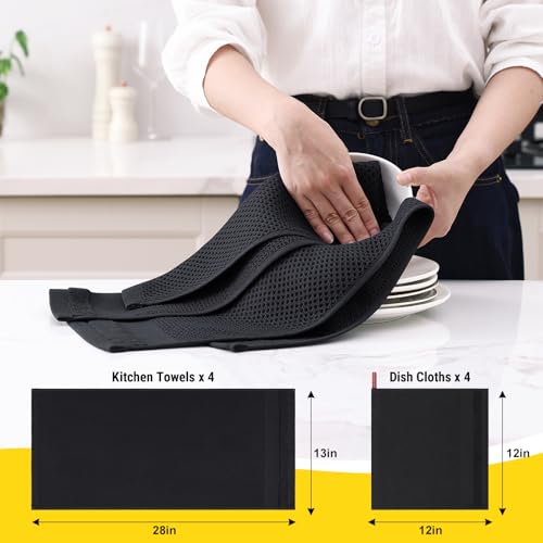 Homaxy Kitchen Towels and Dishcloths Set, Set of 16, Black | 100% Cotton Waffle Weave Kitchen Towels, Super Soft and Absorbent Dish Cloths, 12 x 12 and 13 x 28 Inches - color: Black, size: 16-Piece Set