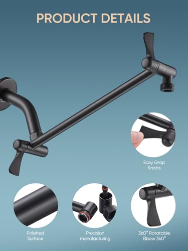 Cobbe 11" Shower Extension Arm, G1/2" Fitted Solid Brass Shower Arm Wall-mounted, 360° Adjustable Angle Rain Shower Head Arm Extender, Matte Black