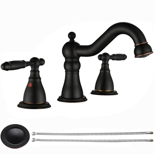 RKF Bathroom Faucets for Sink 3 Oil Rubber Bronze Hole 8 inch Widespread Bathroom Sink Faucet with Drain Double Lever Handle Faucet Bathroom Vanity Faucet Basin Mixer Tap WF013-ORB - color: ORB