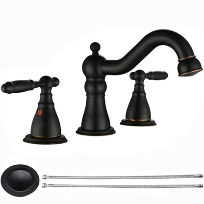 RKF Bathroom Faucets for Sink 3 Oil Rubber Bronze Hole 8 inch Widespread Bathroom Sink Faucet with Drain Double Lever Handle Faucet Bathroom Vanity Faucet Basin Mixer Tap WF013-ORB - color: ORB