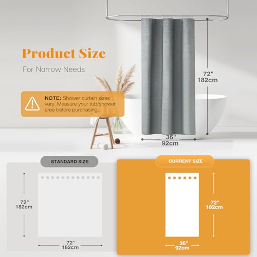 BTTN Stall Linen Textured Waterproof Shower Curtain Set, 36x72, Grey/Gray | Half Size, 230GSM Polyester, Heavy Duty Fabric, Weighted Hem, 6 Plastic Hooks, Modern Luxury Hotel Style, Machine Washable - color: Grey, size: 36"W x 72"L (Pack of 1)