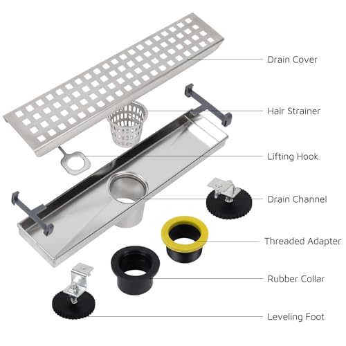 12 Inch Linear Shower Drain Brushed Nickel, Rectangular Shower Floor Drain Kit 304 Stainless Steel, Removable Grid Grate, Hair Catcher, Leveling Feet - color: Brushed Nickel, size: 3"x 12"-Grate