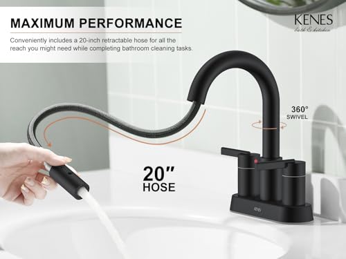Matte Black Centerset Pull Out Bathroom Faucet 4 Inch 2 Handle 3 Hole | Pull Down Bathroom Faucet with Pop Up Drain & Supply Lines, Lead-Free cUPC & NSF Certified, 3 Hole Faucet for Vanity RV Bar - color: Matte Black