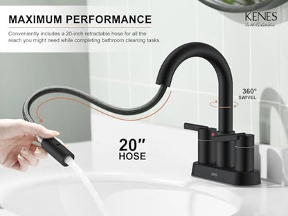 Matte Black Centerset Pull Out Bathroom Faucet 4 Inch 2 Handle 3 Hole | Pull Down Bathroom Faucet with Pop Up Drain & Supply Lines, Lead-Free cUPC & NSF Certified, 3 Hole Faucet for Vanity RV Bar - color: Matte Black