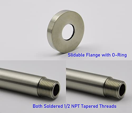 Shower Arm and O-Ring Flange, 3 inch, Solid Brass, Round, Both Soldered 1/2 NPT Tapered Threads, Straight Shower Arm Extension, Ceiling Shower Head Arm for Rainfall Shower (PVD Brushed Nickel) - color: Brushed Nickel PVD
