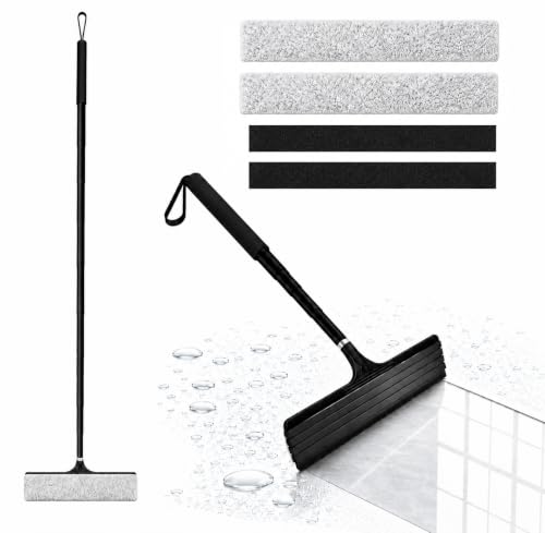 2 in 1 Window Squeegee with Adjustable Telescopic Pole, Shower Glass Squeegee for Indoor Outdoor Windows, Glass Doors, Shower Stalls, Car Windshield, Bathroom Tiles and Hard Floors