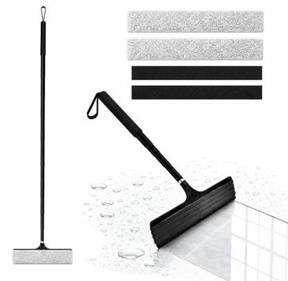 2 in 1 Window Squeegee with Adjustable Telescopic Pole, Shower Glass Squeegee for Indoor Outdoor Windows, Glass Doors, Shower Stalls, Car Windshield, Bathroom Tiles and Hard Floors