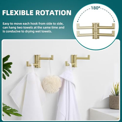 Suyar Brushed Gold Double Towel Hook, Swivel Coat Robe Holder for Bathroom | SUS304 Stainless Steel Wall Hook, Shower Bath Towel Hanger, Space-Saving Design, Wall Mounted, 2 Pack - color: Brushed Gold, size: 2 Pack