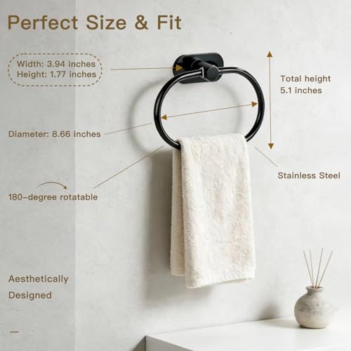 Adhesive Towel Ring Self Adhesive Hand Towel Ring Stainless Steel Rustproof Bathroom Towel Holder Wall Mount SUS 304 Stainless Steel Matte Black