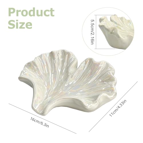 Ceramic Soap Dish with Ginkgo Leaves Design, Self-Draining Soap Tray for Sink, Bathroom, Shower, Small Cute Glazed Holder in White, Easy to Clean