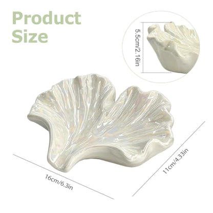 Ceramic Soap Dish with Ginkgo Leaves Design, Self-Draining Soap Tray for Sink, Bathroom, Shower, Small Cute Glazed Holder in White, Easy to Clean
