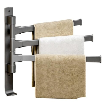 Wall Mounted 180° Swivel Multi-bar Towel Rack Towel Hanging Holder for Bathroom with Hook (Grey,3-Bar) - color: Grey, size: 3-Bar