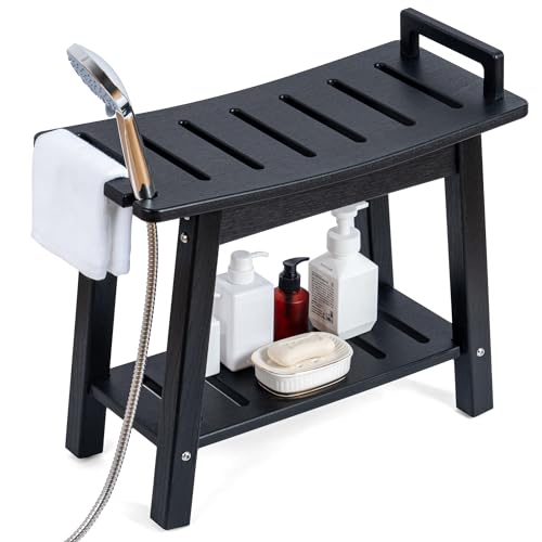 FLyjoe 24 INCH Extra Large Shower Bench for Inside Shower Shaving Legs, Waterproof HDPE Shower Chair Seat with Storage Shelf and Handles Spa Shower Stool for Bath Tub Bathroom Use, Black - color: Large-black