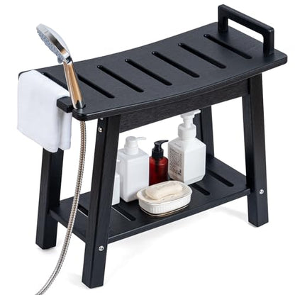 FLyjoe 24 INCH Extra Large Shower Bench for Inside Shower Shaving Legs, Waterproof HDPE Shower Chair Seat with Storage Shelf and Handles Spa Shower Stool for Bath Tub Bathroom Use, Black - color: Large-black