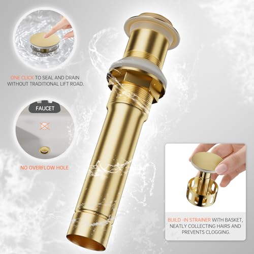 Phiestina Brushed Gold Tall Bathroom Vessel Sink Faucet 2 Pack, Single Hole Single Handle Waterfall Above Countertop Sink Bathroom Faucet, with Pop Up Drain,Water Supply Line, NS-SF01-V-BG-2pack - color: Brushed Gold, style: 2 pack