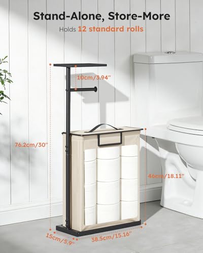 Freestanding Toilet Paper Holder Stand with Shelf for Up to 12 Rolls,Rustproof Metal Bathroom Toilet Paper Storage with Lid, All-in-One Toilet Tissue Roll Dispenser and Organizer,Beige