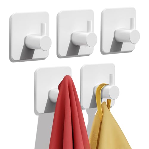 Auxmir Heavy Duty Adhesive Hooks, 5 Pack Stainless Steel Hooks 22 lb, White | 22 lb max capacity, SUS304 stainless steel, no-drill installation, waterproof and rust-resistant for towels, robes and coats - color: 1.8"x1.8"-White