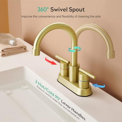 Faustina Brushed Gold Bathroom Faucet, 4 Inch Centerset Faucets for Sink 2 Holes 3 Holes，Two Handles 304 Stainless Steel Faucet with Pup up Drain Assembly and 2 Water Supply Lines for RV Vanity - color: Gold, style: Modern Centerset