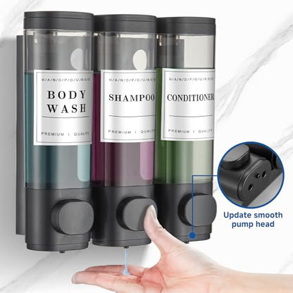 Shampoo and Conditioner Dispenser Shower Dispenser Body Wash Wall Mounted Shampoo Dispenser for Shower Wall No Drill for Bathroom Hotel 3 Chamber x 300ml Black with Waterproof Labels - color: Black 3