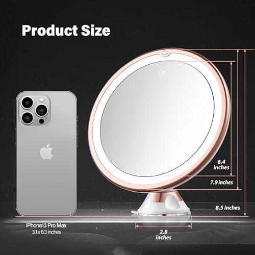 8" Magnifying Mirror with Lights-10x Magnification Makeup Mirror with Suction Cups – Bathroom Shower Mirror – Easy Install – 360 Degree Swivel Joint（Gold）