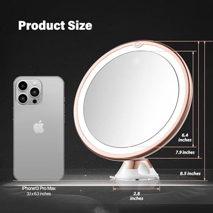 8" Magnifying Mirror with Lights-10x Magnification Makeup Mirror with Suction Cups – Bathroom Shower Mirror – Easy Install – 360 Degree Swivel Joint（Gold）
