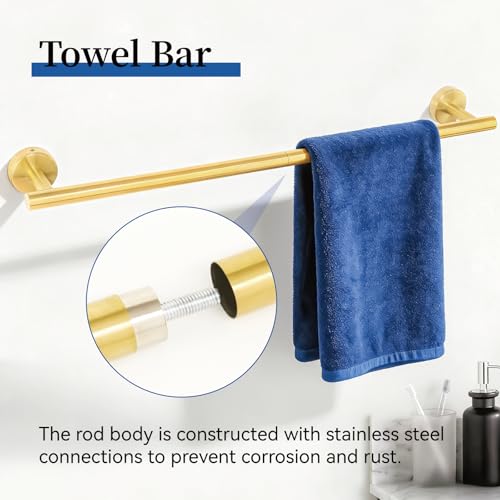 HOMOTEK 4 Pieces Bathroom Accessories Hardware Set, 24 inch Towel Bar, Towel Ring, Robe Hook, Toilet Paper Holder, Stainless Steel Rack Kit Wall Mounted, Gold - color: Gold
