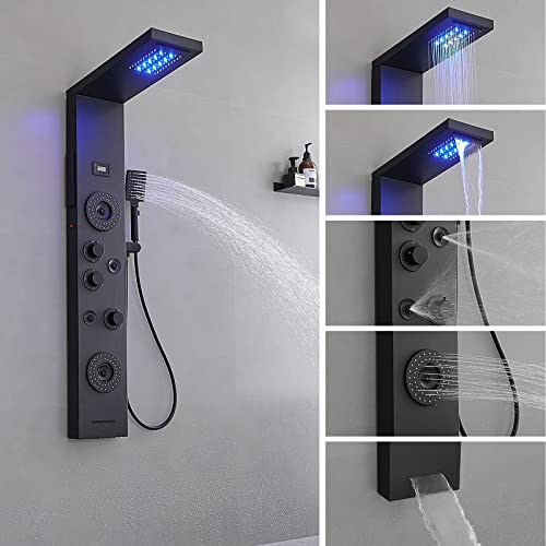 BWE Shower Panel Tower System Matte Black | LED Rainfall Waterfall Shower 6-Function Faucet 4 Mist Jets 2 Body Sprays with Handheld and Waterfall Tub Spout - color: Black