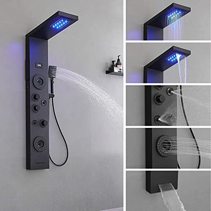 BWE Shower Panel Tower System Matte Black | LED Rainfall Waterfall Shower 6-Function Faucet 4 Mist Jets 2 Body Sprays with Handheld and Waterfall Tub Spout - color: Black